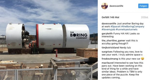 Die Maschine von Elon Musks Tunnelbohrfirma „The Boring Company“ (Screenshot: Instagram/@davesvanlife)