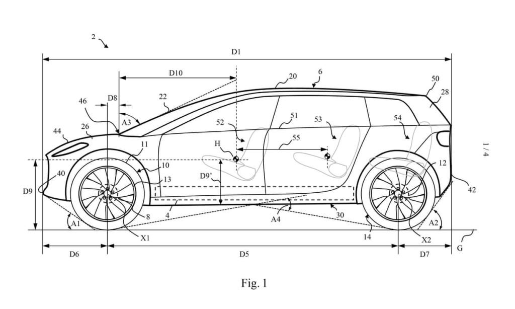 Die Patentanmeldung von Dyson zeigt ein Elektro-SUV in flacher Bauweise. 