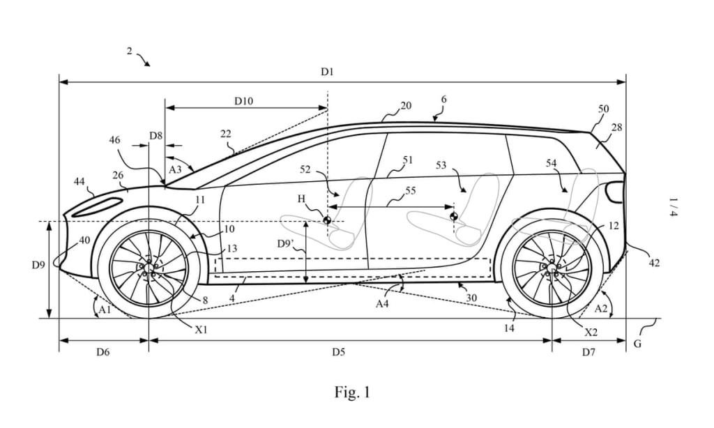 Die Patentanmeldung von Dyson zeigt ein Elektro-SUV in flacher Bauweise.