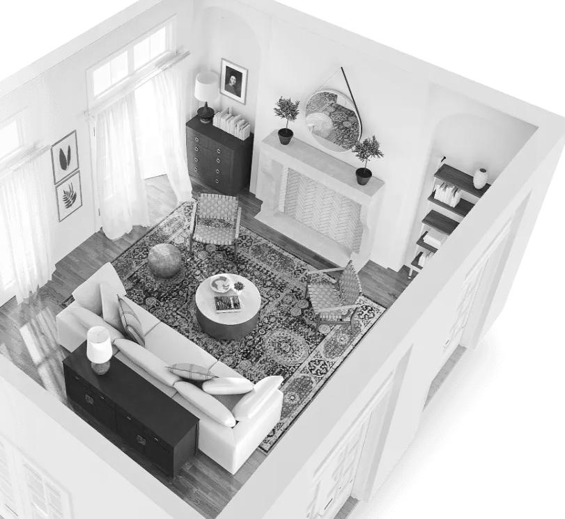  Modsy zeigt gerenderte 3D-Bilder von Möbeln in der eigenen Wohnung.