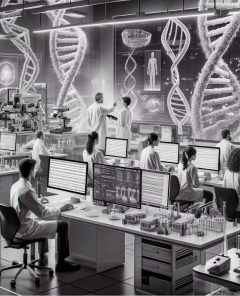DALL·E-2023-12-19-14.34.43---A-scientific-laboratory-scene-showing-researchers-analyzing-DNA-sequences-on-computer-screens,-surrounded-by-advanced-biotechnology-equipment