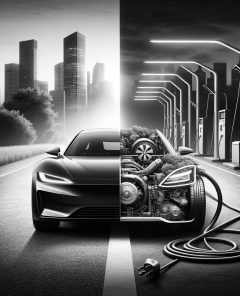DALL·E 2024-01-25 01.42.20 - A conceptual black and white image showing a hybrid car with half being a traditional gasoline engine and the other half an electric motor. The car is