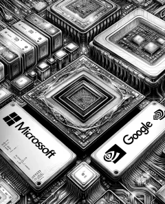 DALL·E 2024-02-09 01.57.00 - A dynamic, detailed line art illustration of various AI chips with futuristic design elements, highlighting the competition between major tech compani
