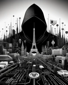DALL·E 2024-03-29 13.35.01 - Create a detailed, hyperrealistic but minimalistic monochrome black and white illustration depicting a stylized digital landscape representing the cyb