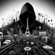 DALL·E 2024-03-29 13.35.01 - Create a detailed, hyperrealistic but minimalistic monochrome black and white illustration depicting a stylized digital landscape representing the cyb