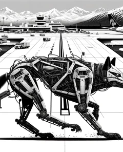 Roboterhund Aurora als Kojote verkleidet zur Wildtierabwehr am Flughafen