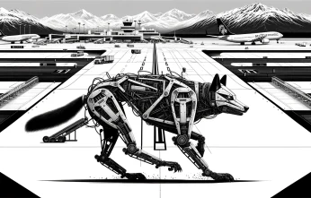 Roboterhund Aurora als Kojote verkleidet zur Wildtierabwehr am Flughafen