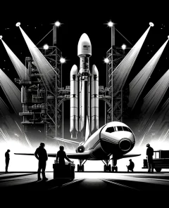 Boeing Starliner spacecraft, Atlas-V rocket, launch pad, engineers, astronauts, intense spotlights, sharp shadows, monochrome, high-contrast, futuristic technology