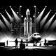 Boeing Starliner spacecraft, Atlas-V rocket, launch pad, engineers, astronauts, intense spotlights, sharp shadows, monochrome, high-contrast, futuristic technology