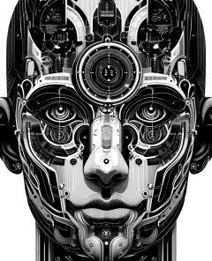 EU regulation of AI with focus on facial recognition and data privacy, monochrome, high-contrast, detailed line art, futuristic, advanced technology, balanced composition
