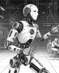 Humanoid robot in technological setting, dynamic posture, interacting with environment, monochrome, high-