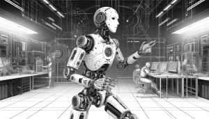 Humanoid robot in technological setting, dynamic posture, interacting with environment, monochrome, high-