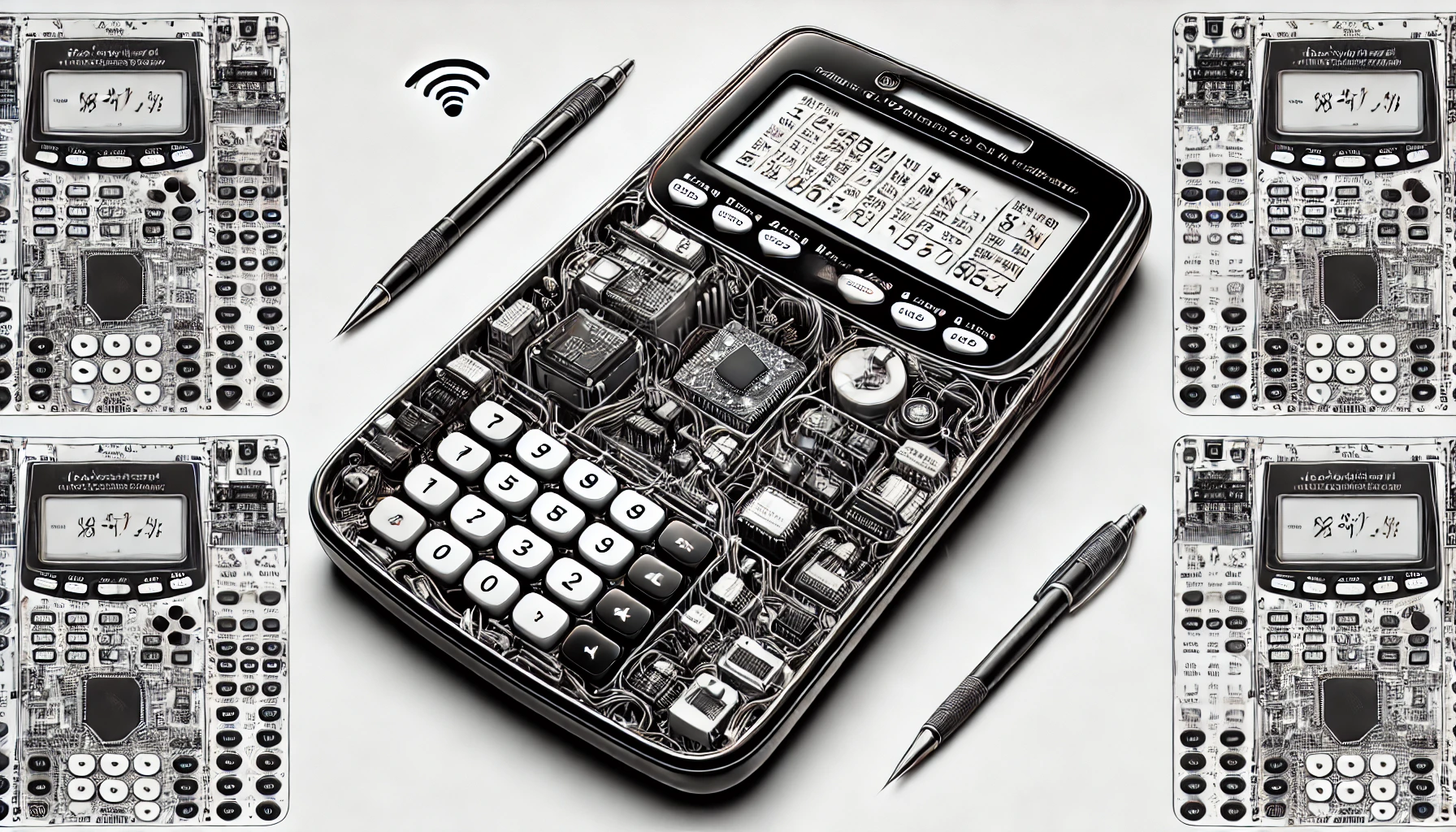 TI-84 calculator, internal wiring, Wi-Fi microcontroller, x-ray view, minimalistic background, monochromatic line art