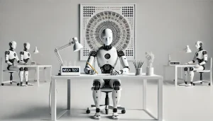 humanoid robot, desk, cognitive test, pencil, minimalistic background