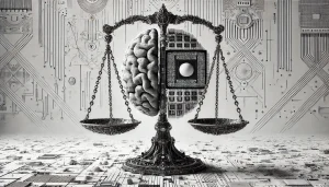 scale, brain, AI chip, minimalistic background, balance, futuristic design