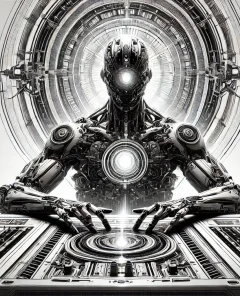 humanoid robot, futuristic console, glowing core, concealed wires, control panel, minimalistic background