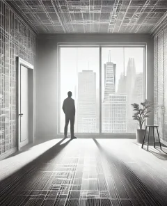 figure, window, sparse apartment, San Francisco skyline, solitude