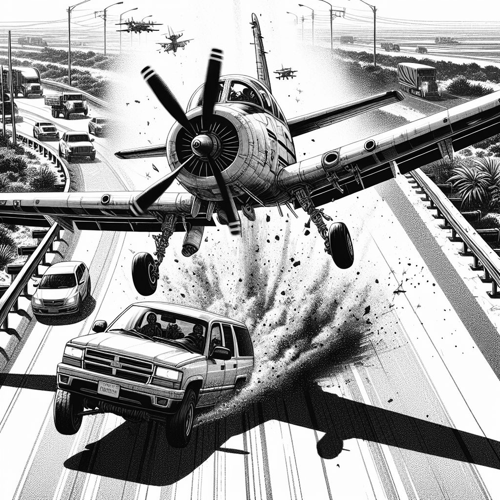 Militärflugzeug verfehlt knapp Auto bei Notlandung auf Autobahn in Oklahoma City Militärflugzeug verfehlt knapp Auto bei Notlandung auf Autobahn in Oklahoma City