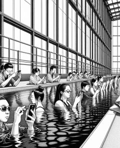smartphone-sucht-schwimmen-oeffentliches-schwimmbad