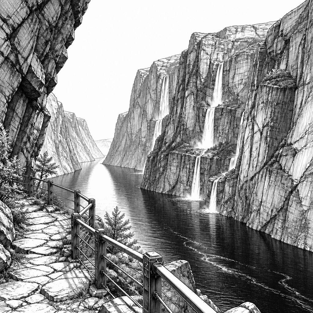 Geirangerfjorden bei Geiranger: schmale Fjordwand aus Fels und Wasserfällen Geirangerfjorden bei Geiranger: schmale Fjordwand aus Fels und Wasserfällen