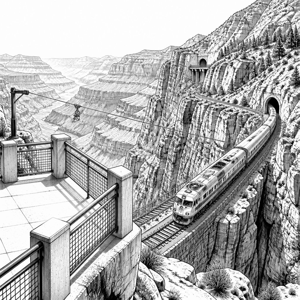Barrancas del Cobre bei Divisadero: Aussicht, Bahntrasse und Abenteuerpark Barrancas del Cobre bei Divisadero: Aussicht, Bahntrasse und Abenteuerpark