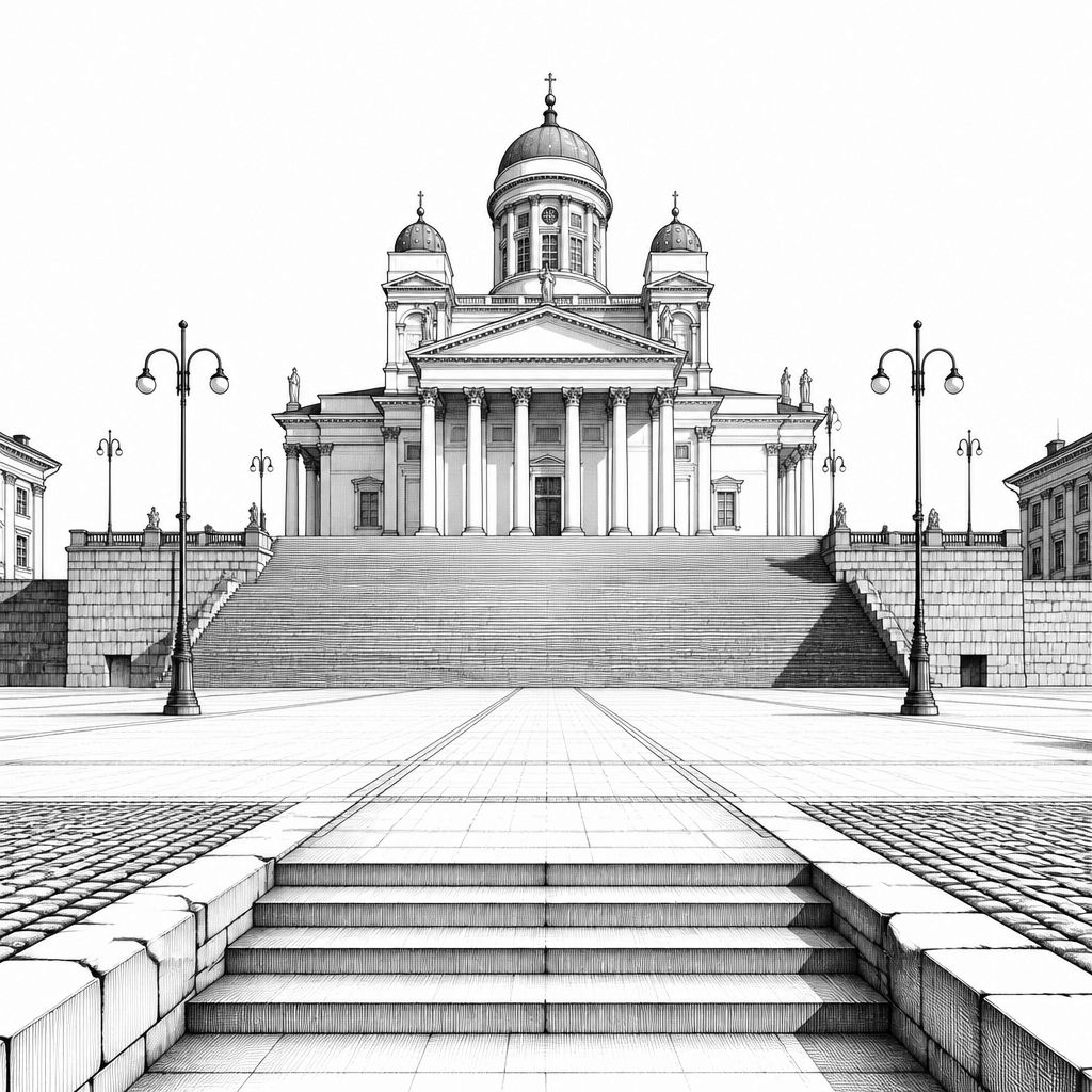 Helsingin tuomiokirkko: Weiße Stufenfront und Empire-Anmutung über dem Senatsplatz Helsingin tuomiokirkko: Weiße Stufenfront und Empire-Anmutung über dem Senatsplatz