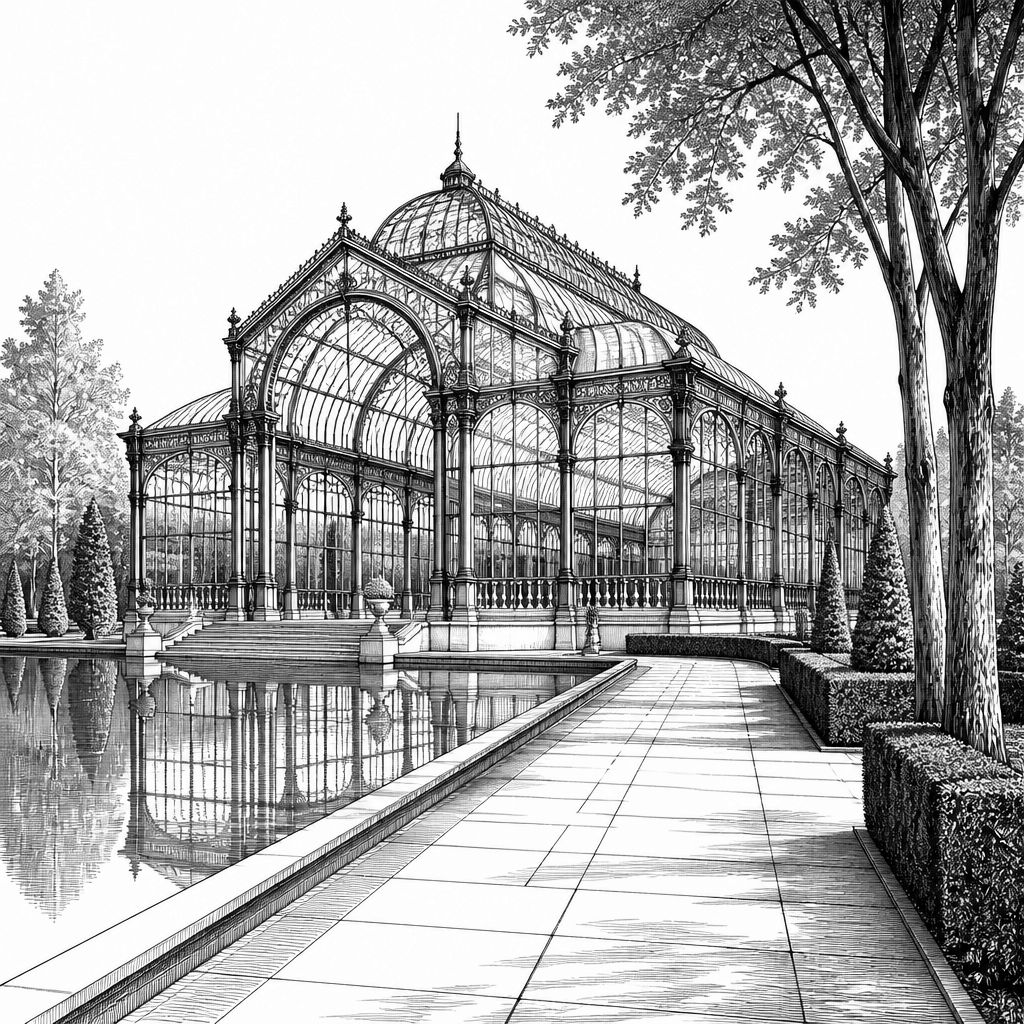 Parque del Retiro in Madrid: Königsgarten, Eisen-Glas-Pavillon und Wasserachsen Parque del Retiro in Madrid: Königsgarten, Eisen-Glas-Pavillon und Wasserachsen