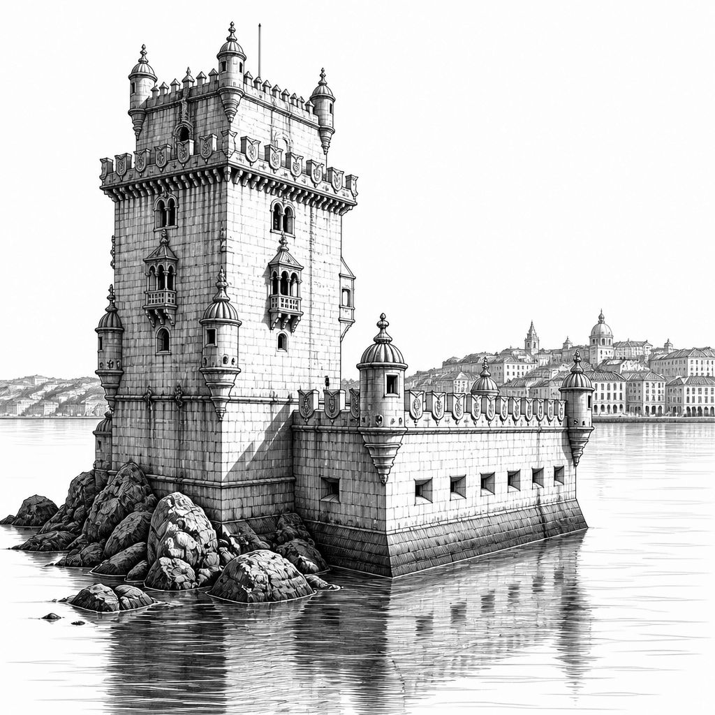 Torre de Belém: Manuelinischer Wehrturm am Tejo-Ufer in Lissabon Torre de Belém: Manuelinischer Wehrturm am Tejo-Ufer in Lissabon