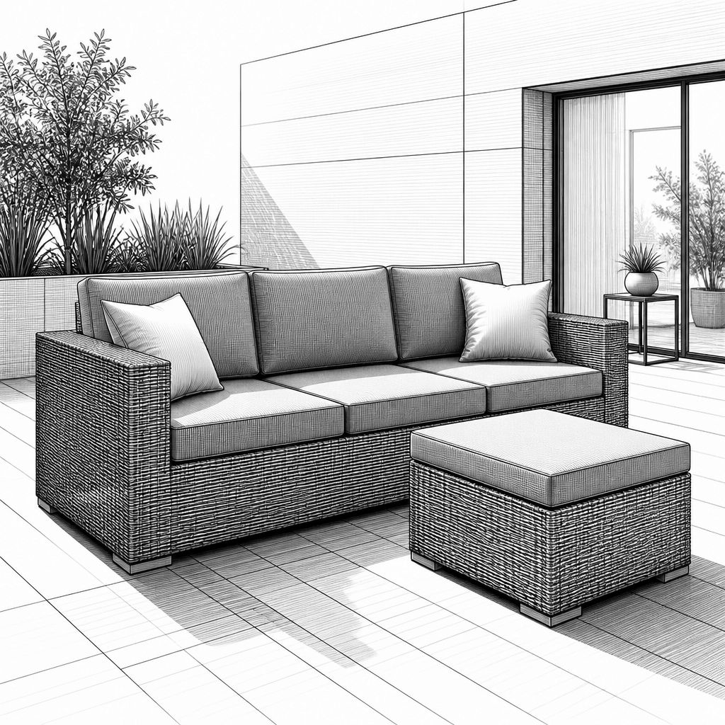 Beliani Ofena: 3-Sitzer-Polyrattan-Gartensofa mit Ottomane für bis zu 150 kg Beliani Ofena: 3-Sitzer-Polyrattan-Gartensofa mit Ottomane für bis zu 150 kg