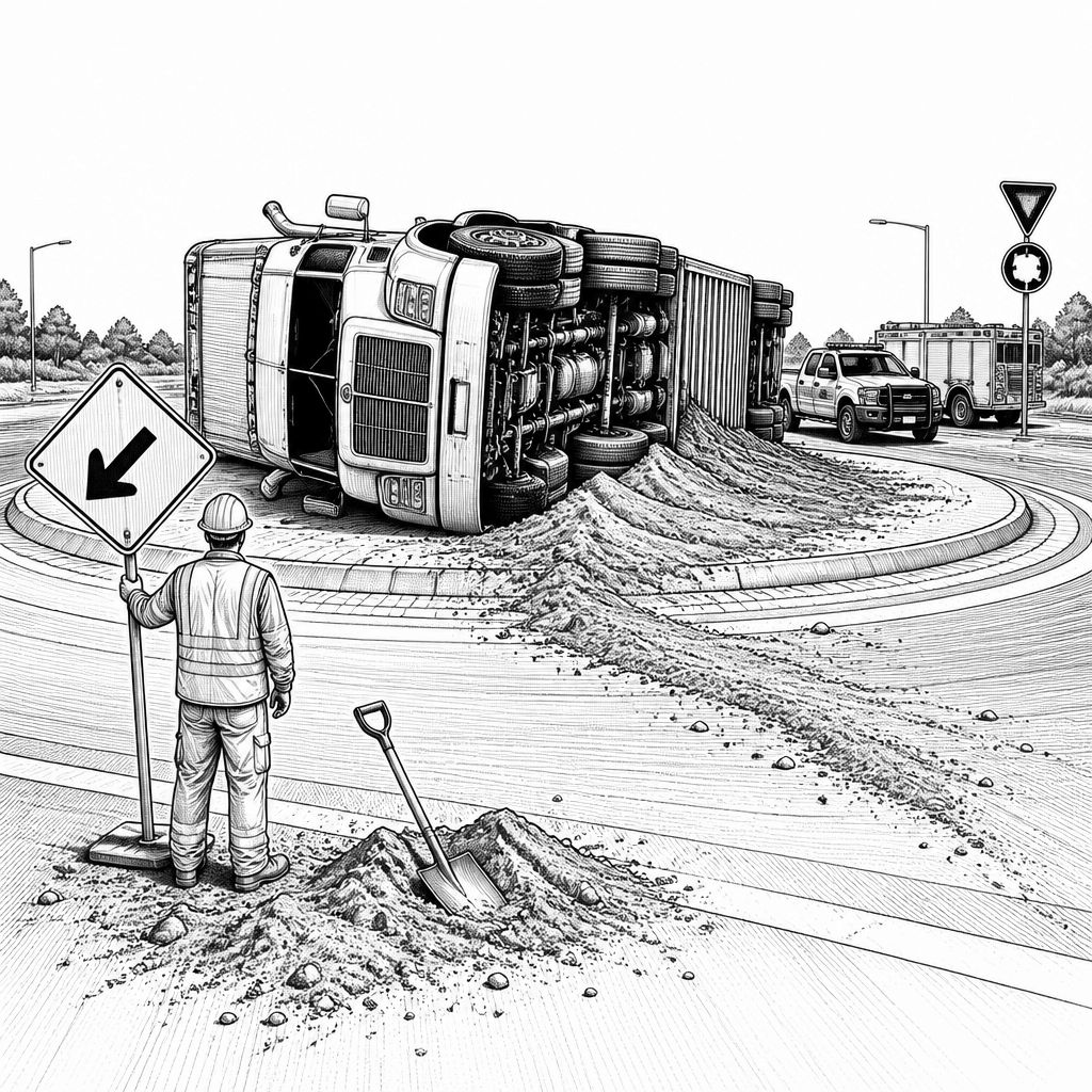 Umbau zur Kreisstraße: Lkw kippt nach Öffnung eines Kreisverkehrs in West Olive um Umbau zur Kreisstraße: Lkw kippt nach Öffnung eines Kreisverkehrs in West Olive um