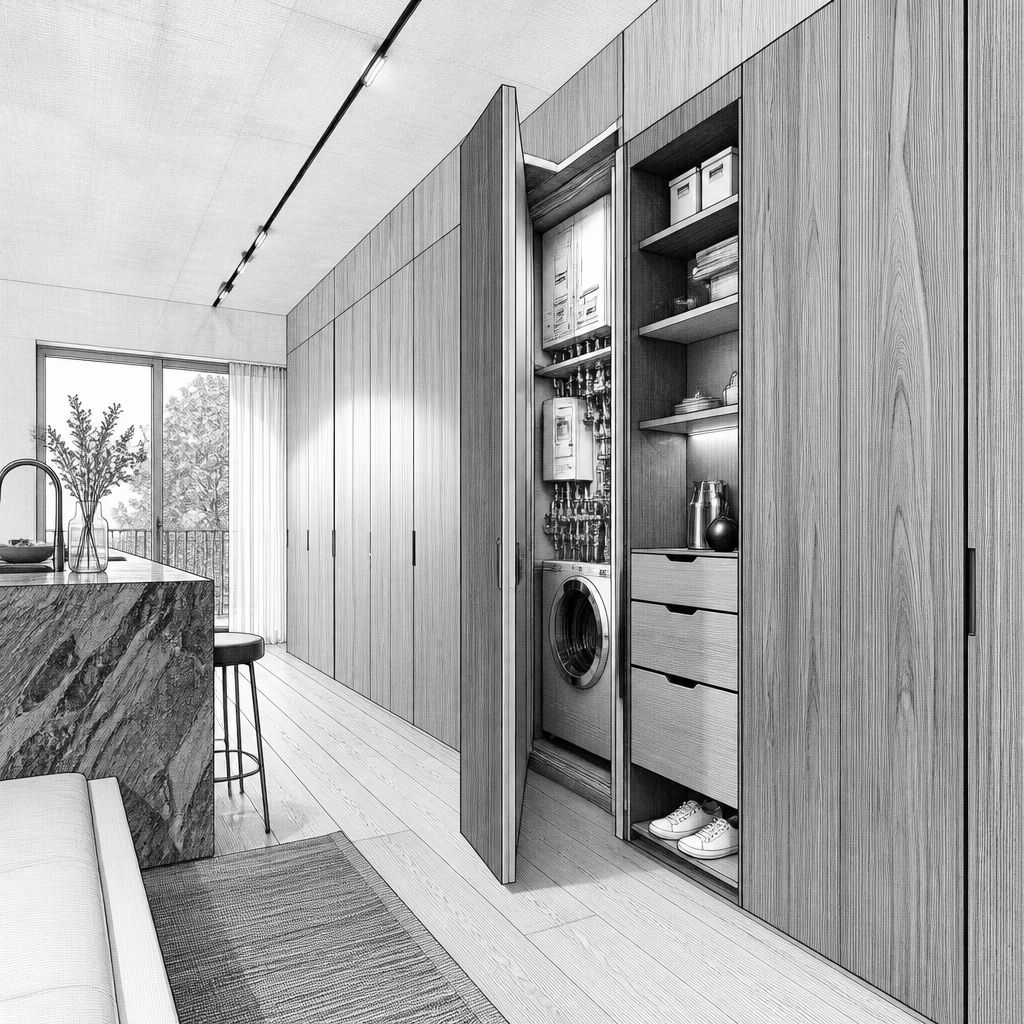 Stauraum im Holzpaneel: Neubauwohnung in München-Schwabing in ruhigem Materialmix Stauraum im Holzpaneel: Neubauwohnung in München-Schwabing in ruhigem Materialmix